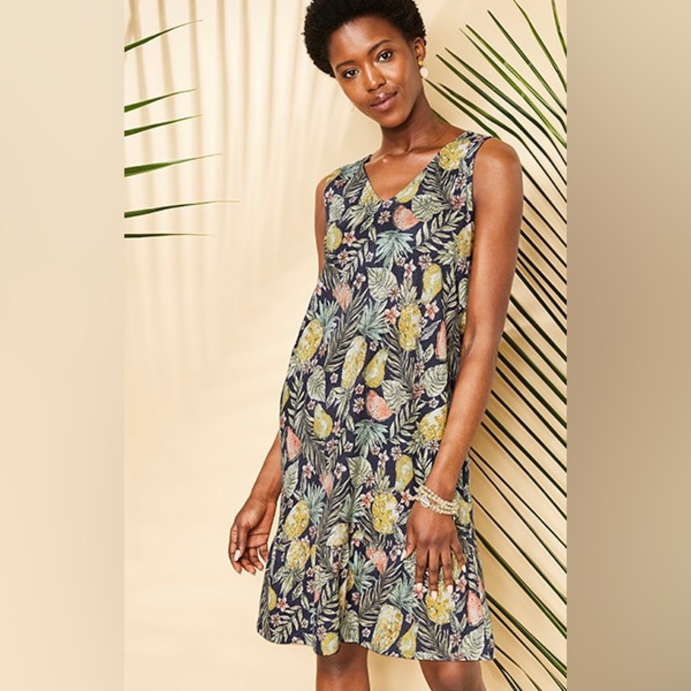 J Jill Flounced Hem Double V Neck Knit Dress Tropical Print Size Small Petite